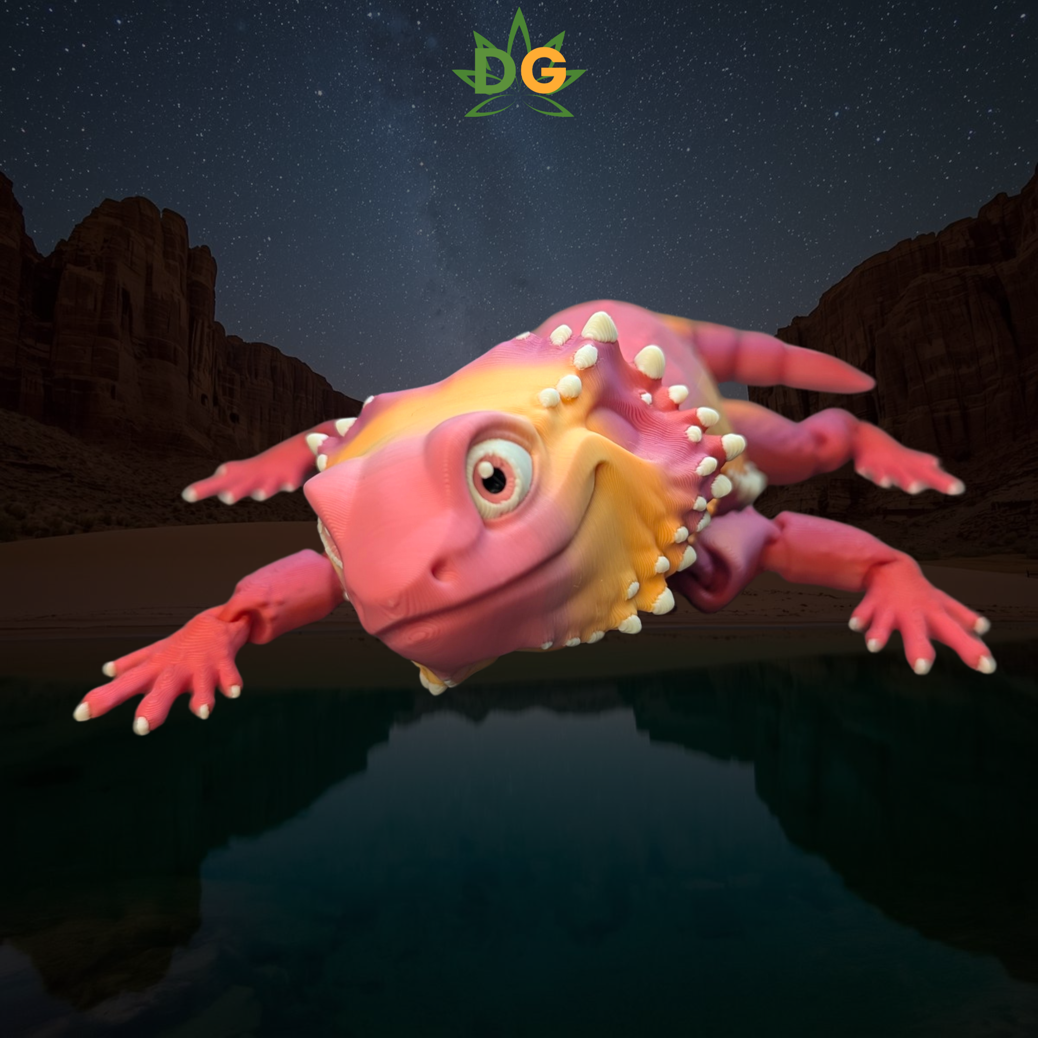 Colorful Sunkissed Peach Bearded Dragon Flexi in a desert-like landscape at night