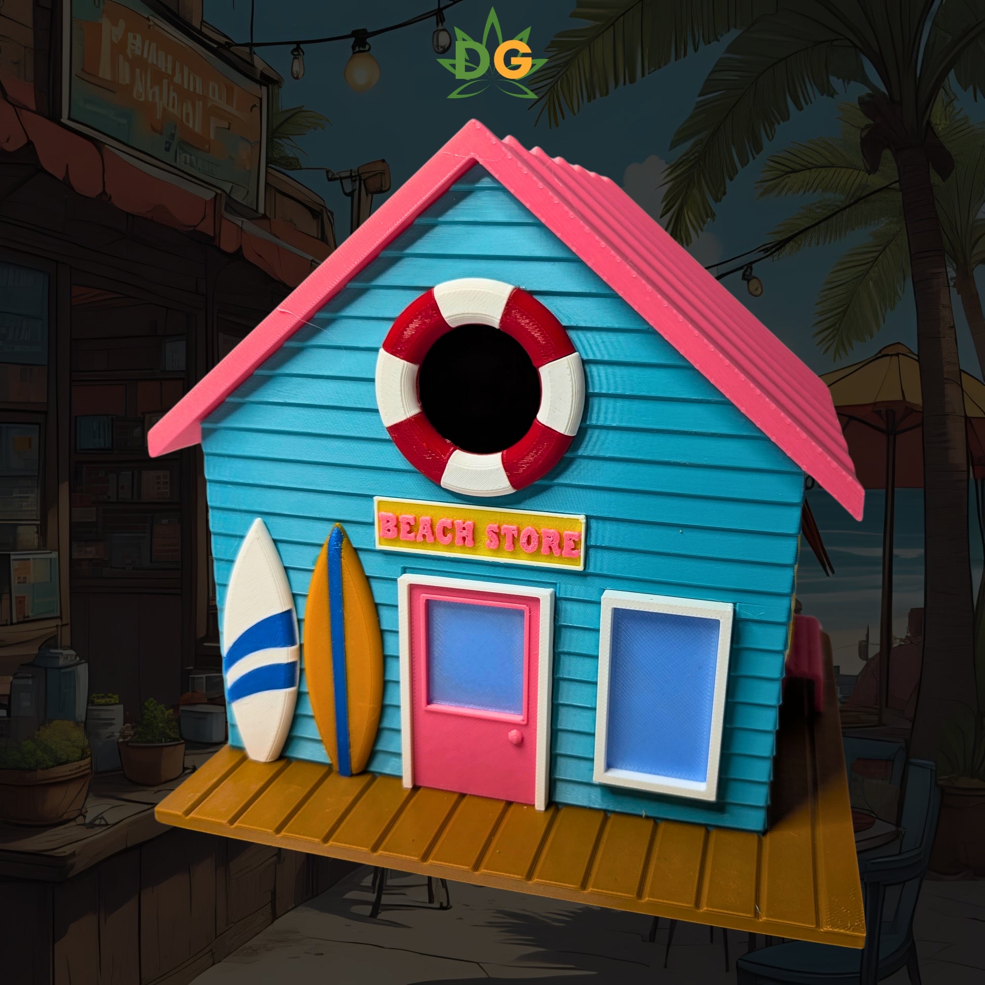 Miniature Surf Shop Birdhouse with Surfboards, Unique Beach Decor, Cottage Garden Art, Fun Gift for Sunbathers & Bird Lovers