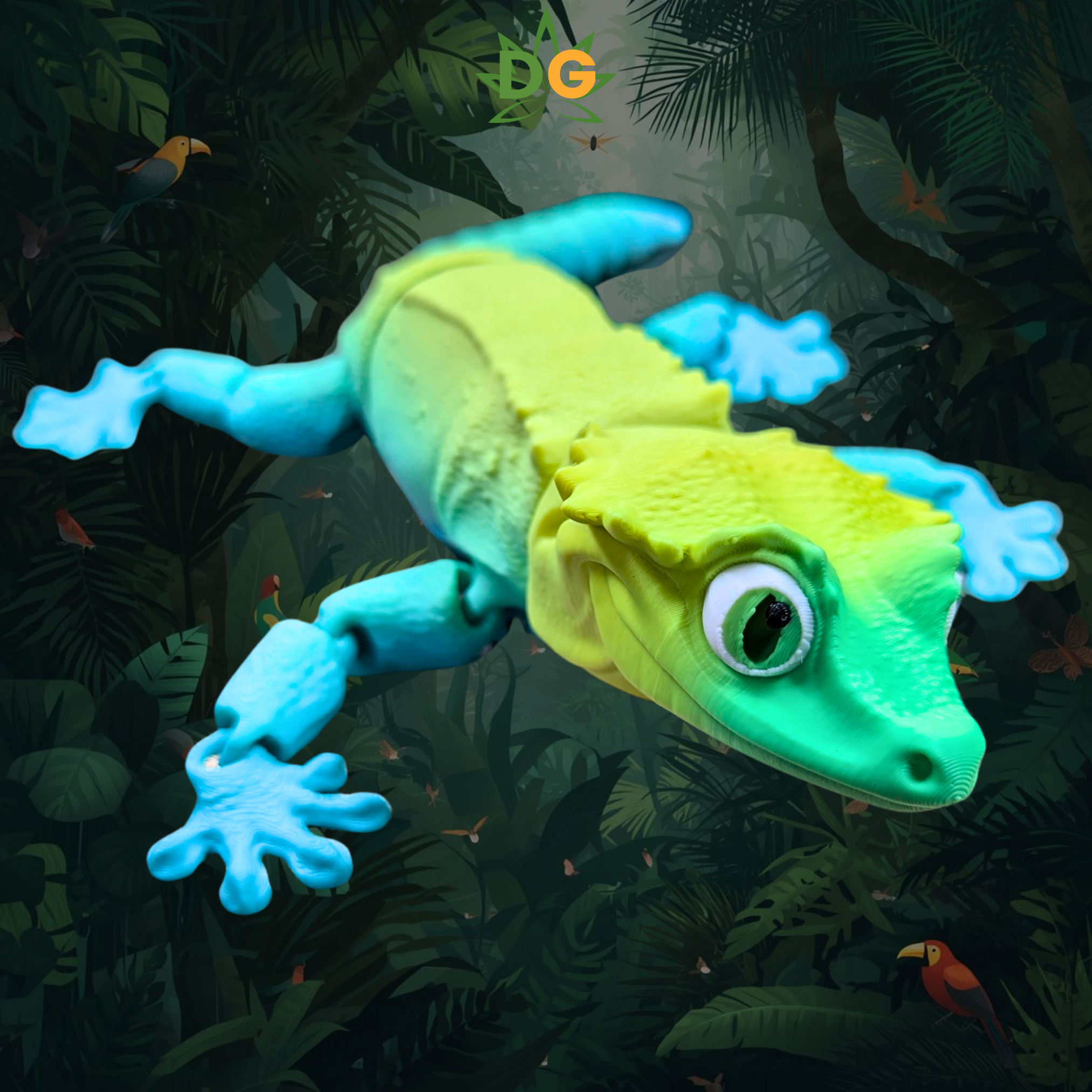 Crested Gecko Flexi with tri colors of green, yellow and blue on an amazon jungle background