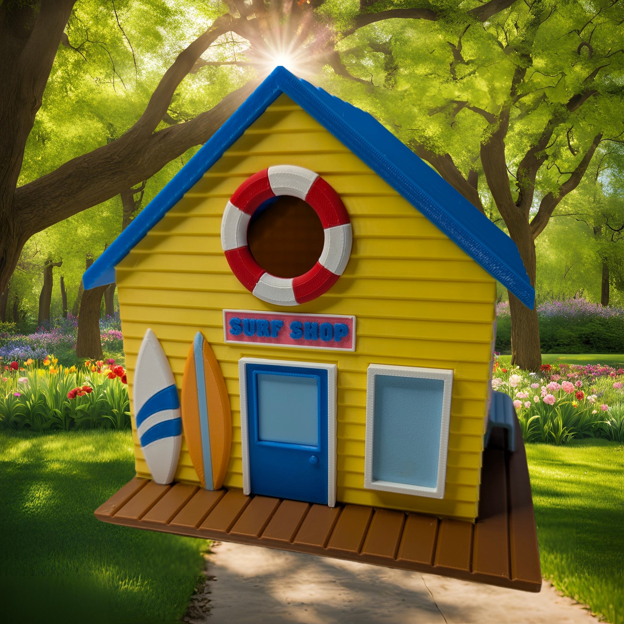 Miniature Surf Shop Birdhouse with Surfboards, Unique Beach Decor, Cottage Garden Art, Fun Gift for Sunbathers & Bird Lovers