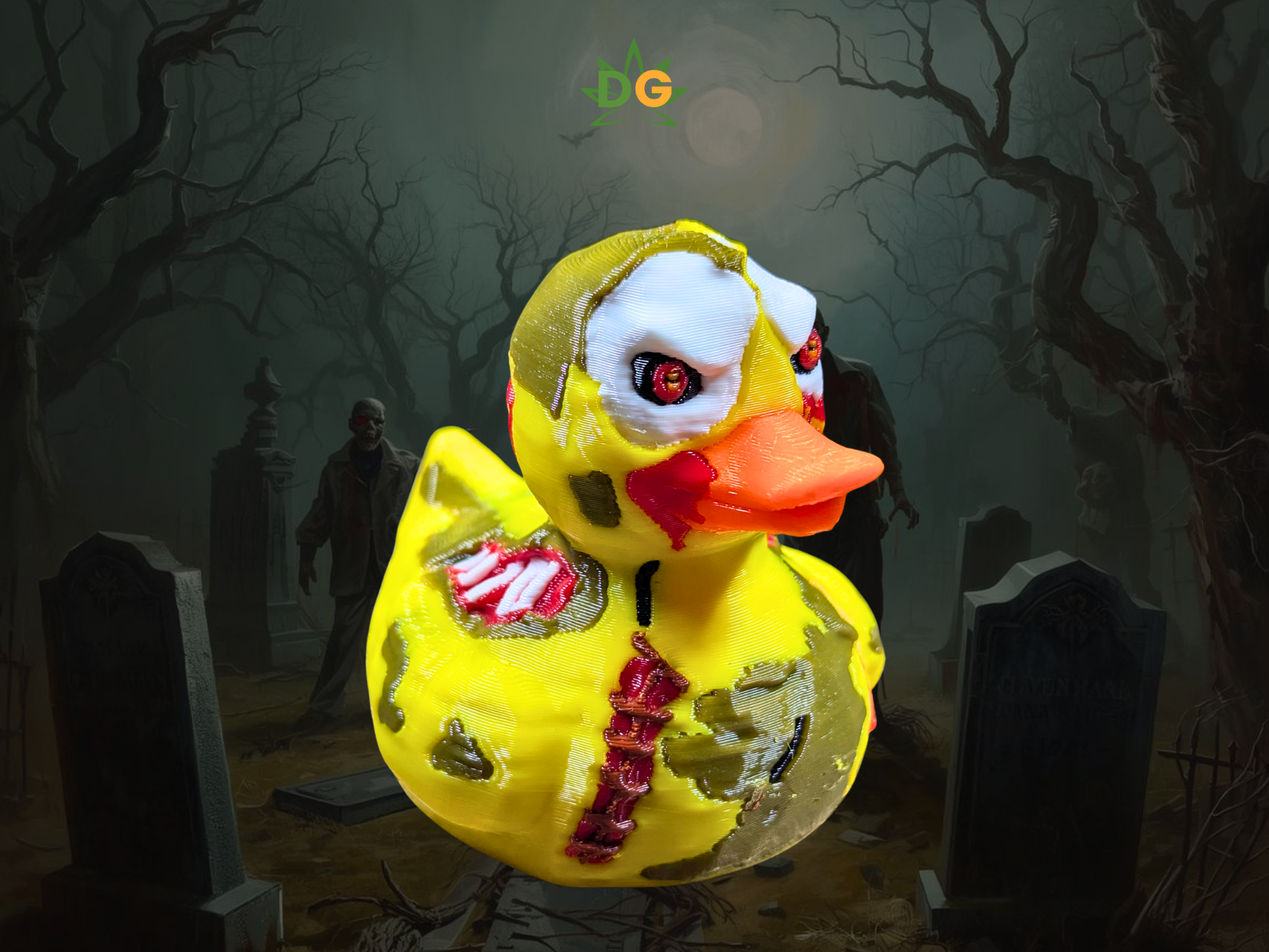 Yellow rubber duck with a zombie-like appearance in a dark, eerie setting