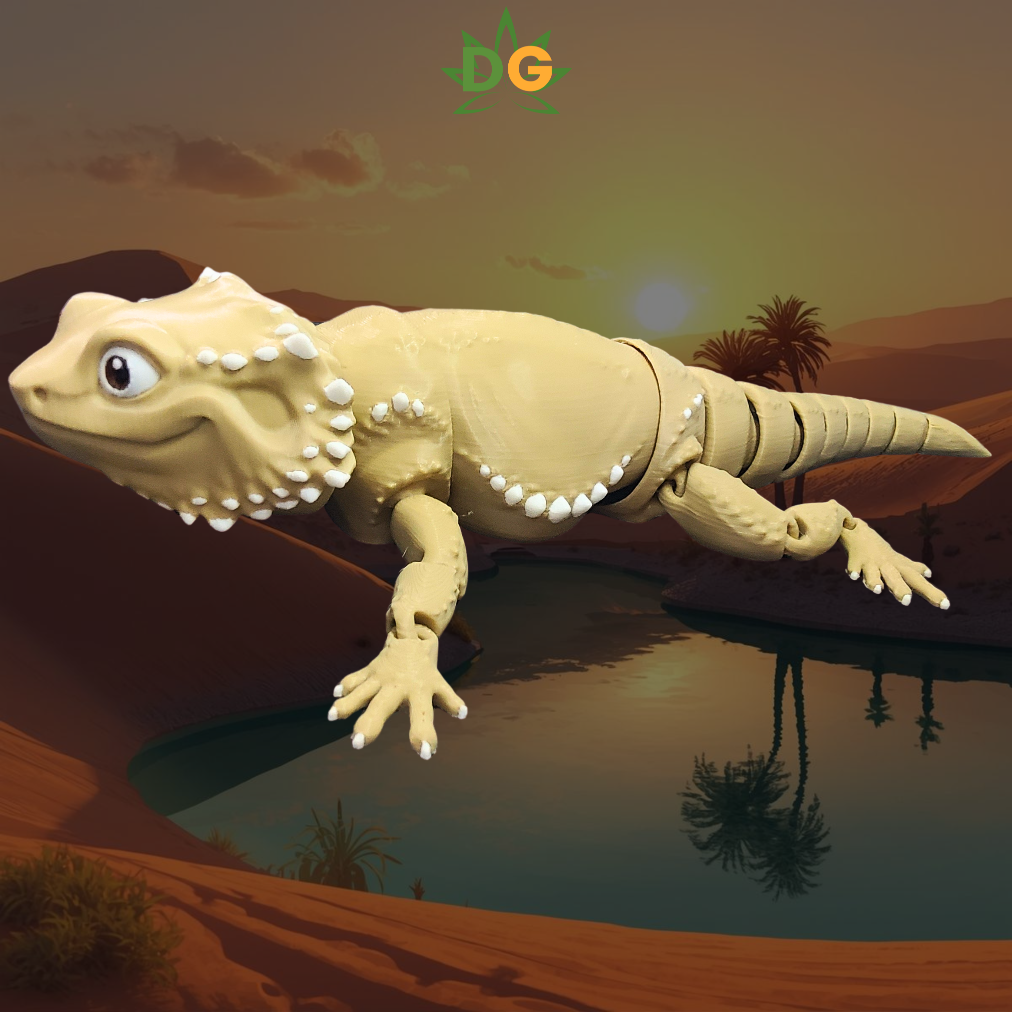 Desert Tan Bearded Dragon Flexi with a desert oasis behind him at sunrise