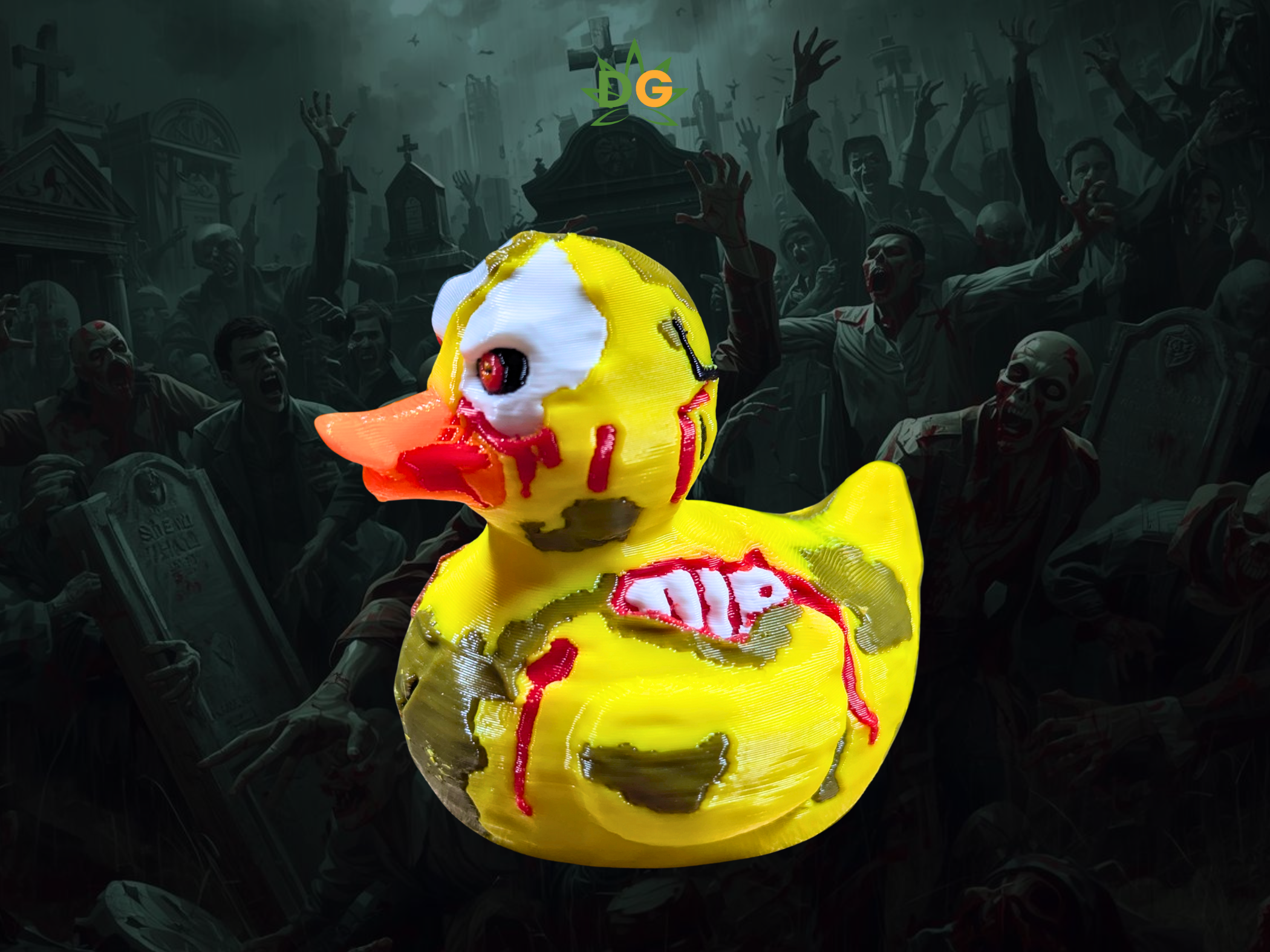 Yellow rubber duck with a zombie design in front of a dark, eerie background with zombies.