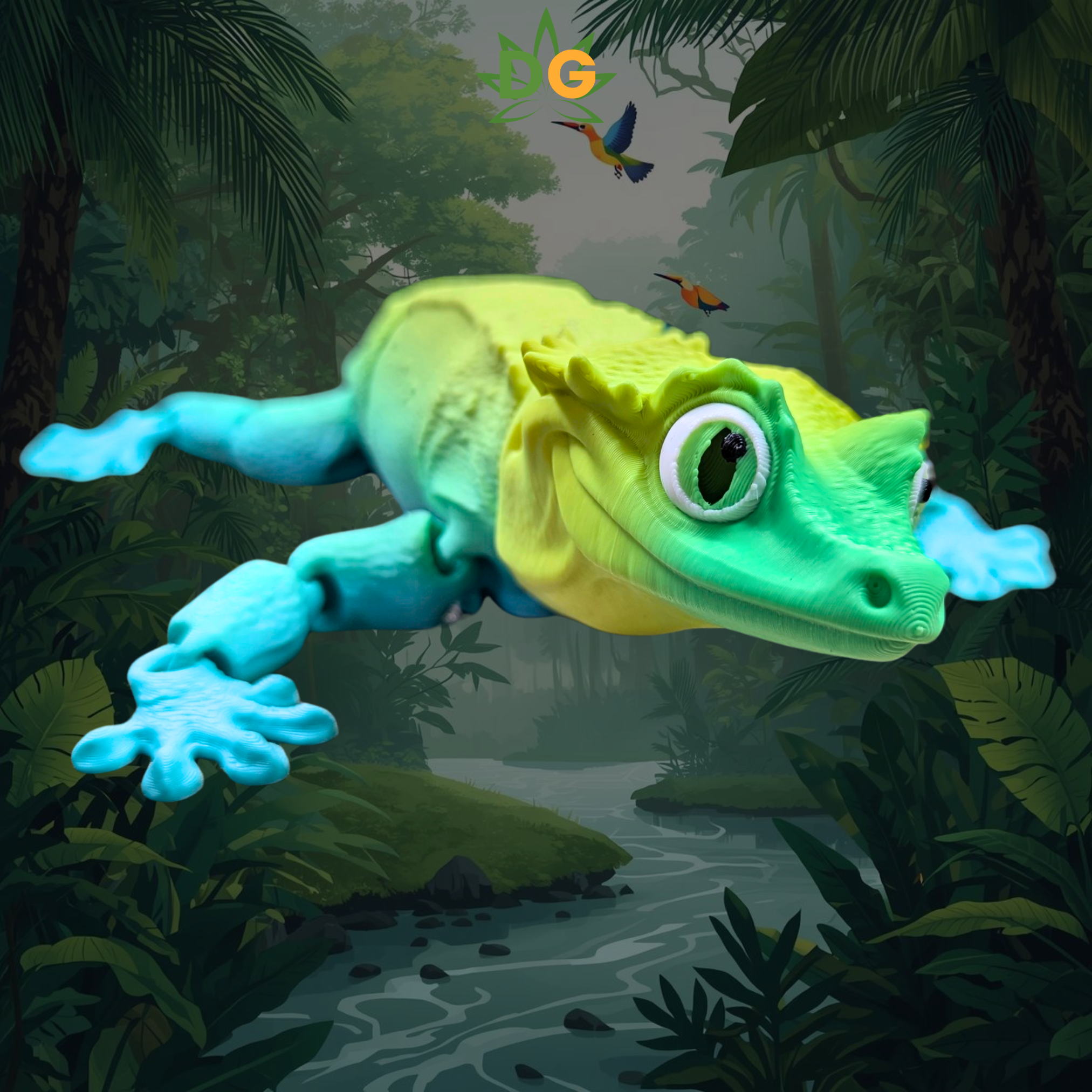 Crested Gecko Flexi with tri colors of green, yellow and blue on an amazon jungle background