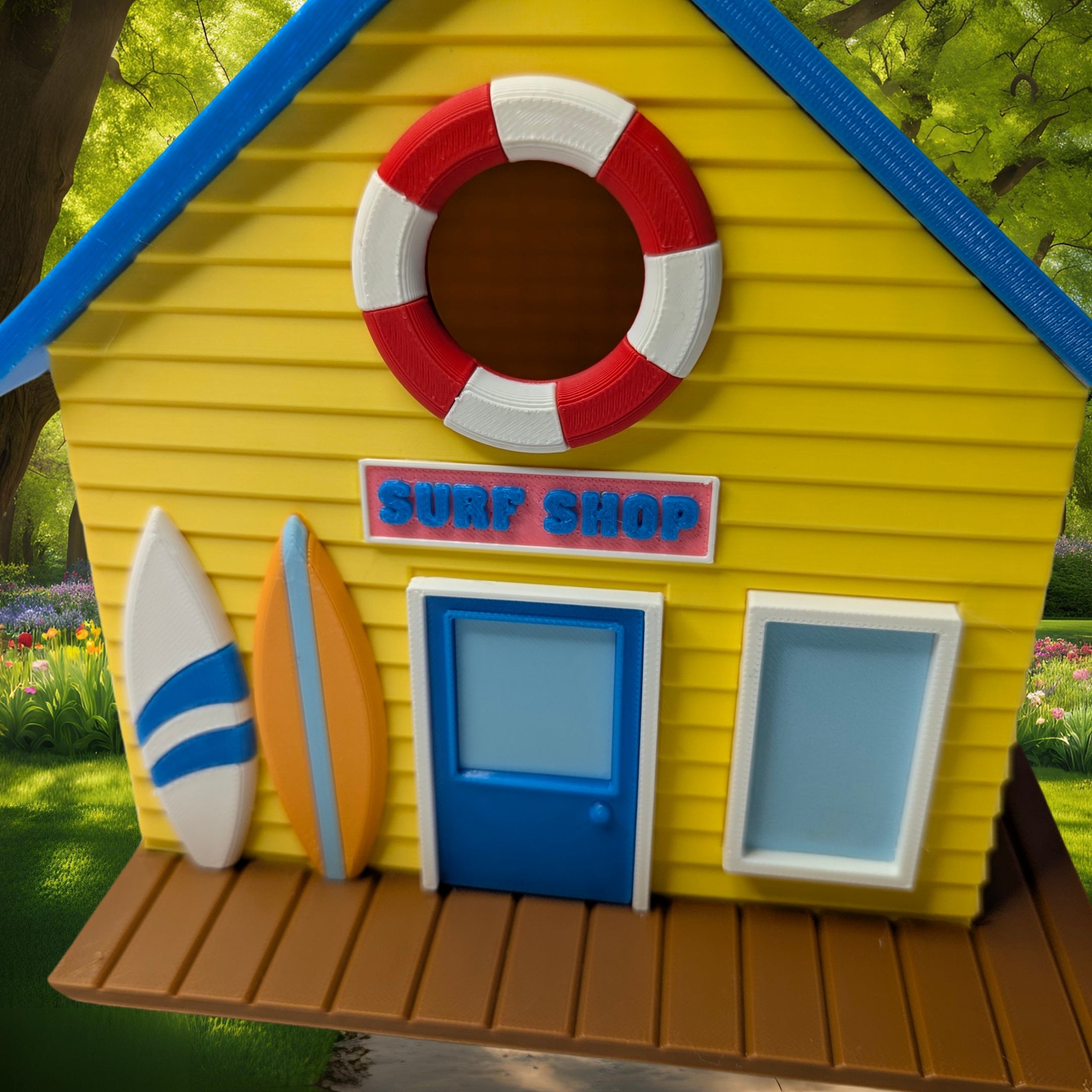 Miniature Surf Shop Birdhouse with Surfboards, Unique Beach Decor, Cottage Garden Art, Fun Gift for Sunbathers & Bird Lovers