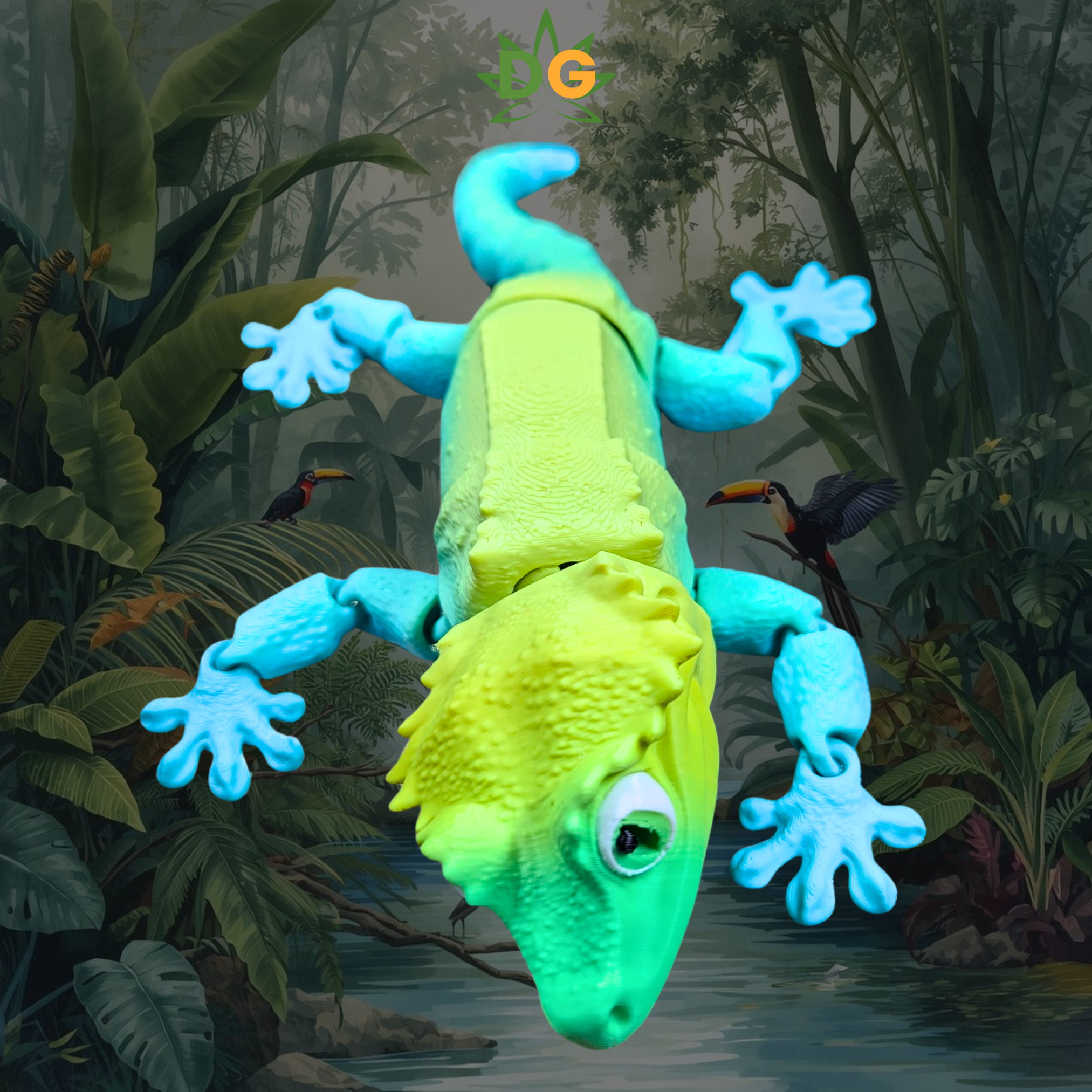 Crested Gecko Flexi with tri colors of green, yellow and blue on an amazon jungle background
