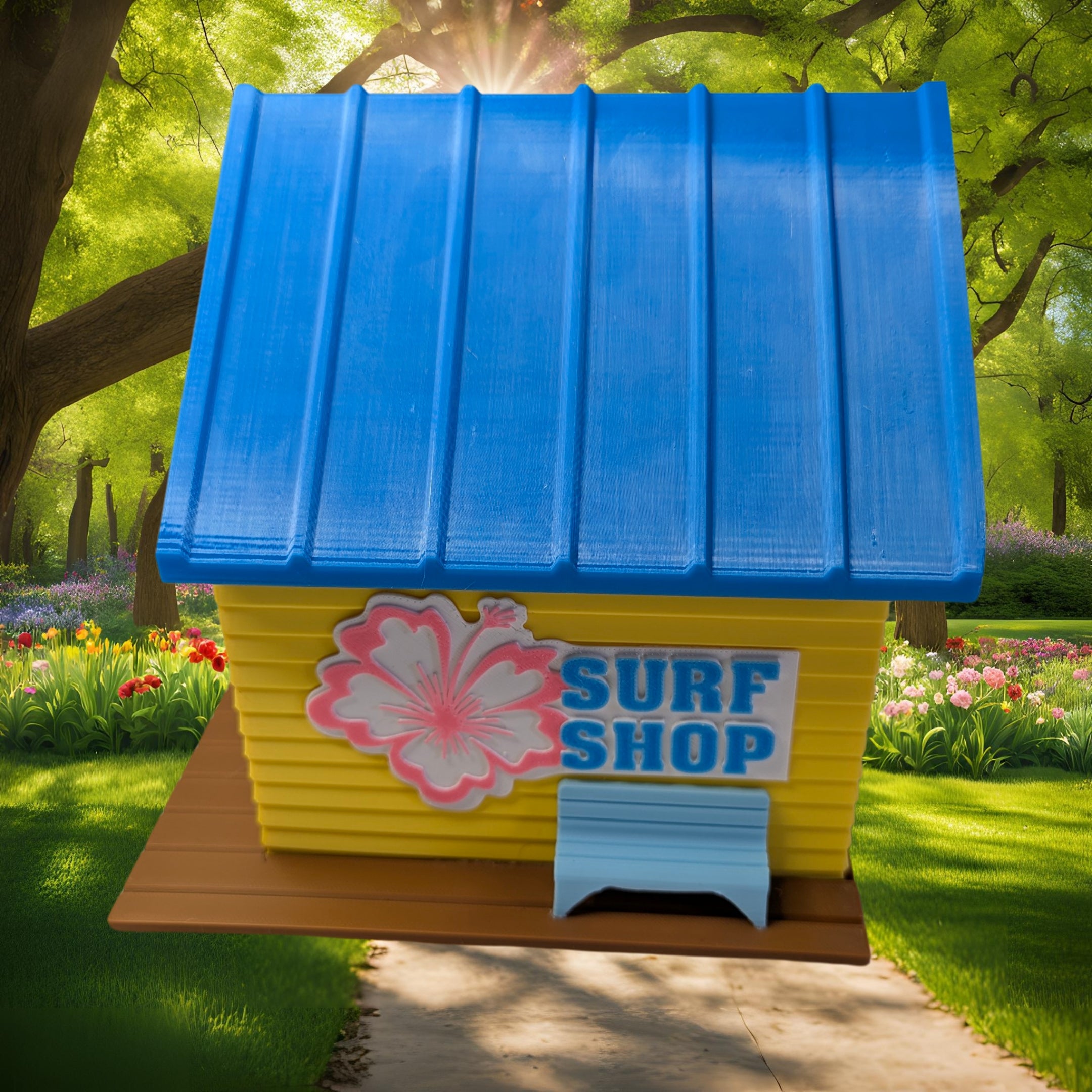 Miniature Surf Shop Birdhouse with Surfboards, Unique Beach Decor, Cottage Garden Art, Fun Gift for Sunbathers & Bird Lovers