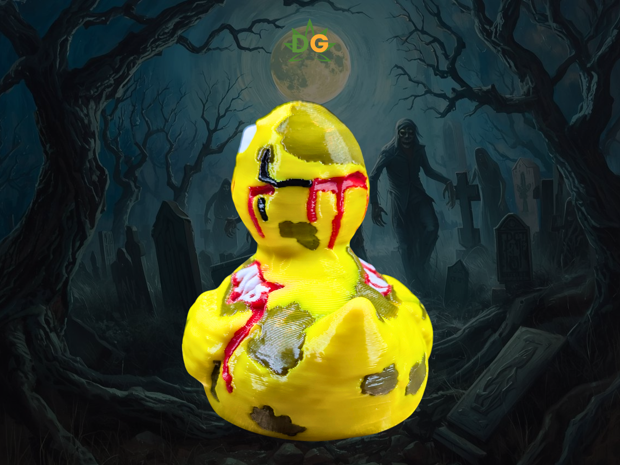 Yellow rubber duck with a bloody design in a dark, eerie landscape with tombstones and a full moon.