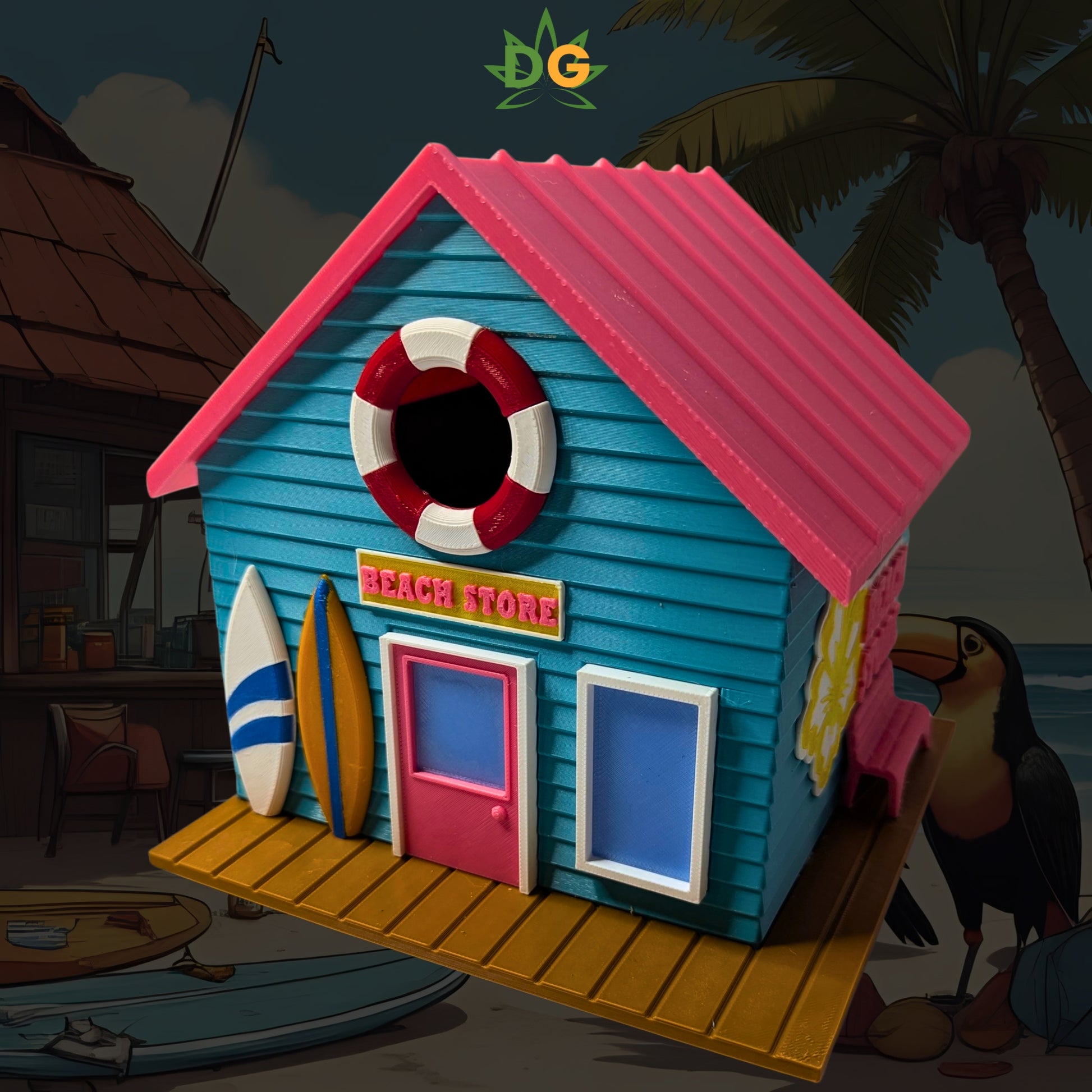 Miniature Surf Shop Birdhouse with Surfboards, Unique Beach Decor, Cottage Garden Art, Fun Gift for Sunbathers & Bird Lovers