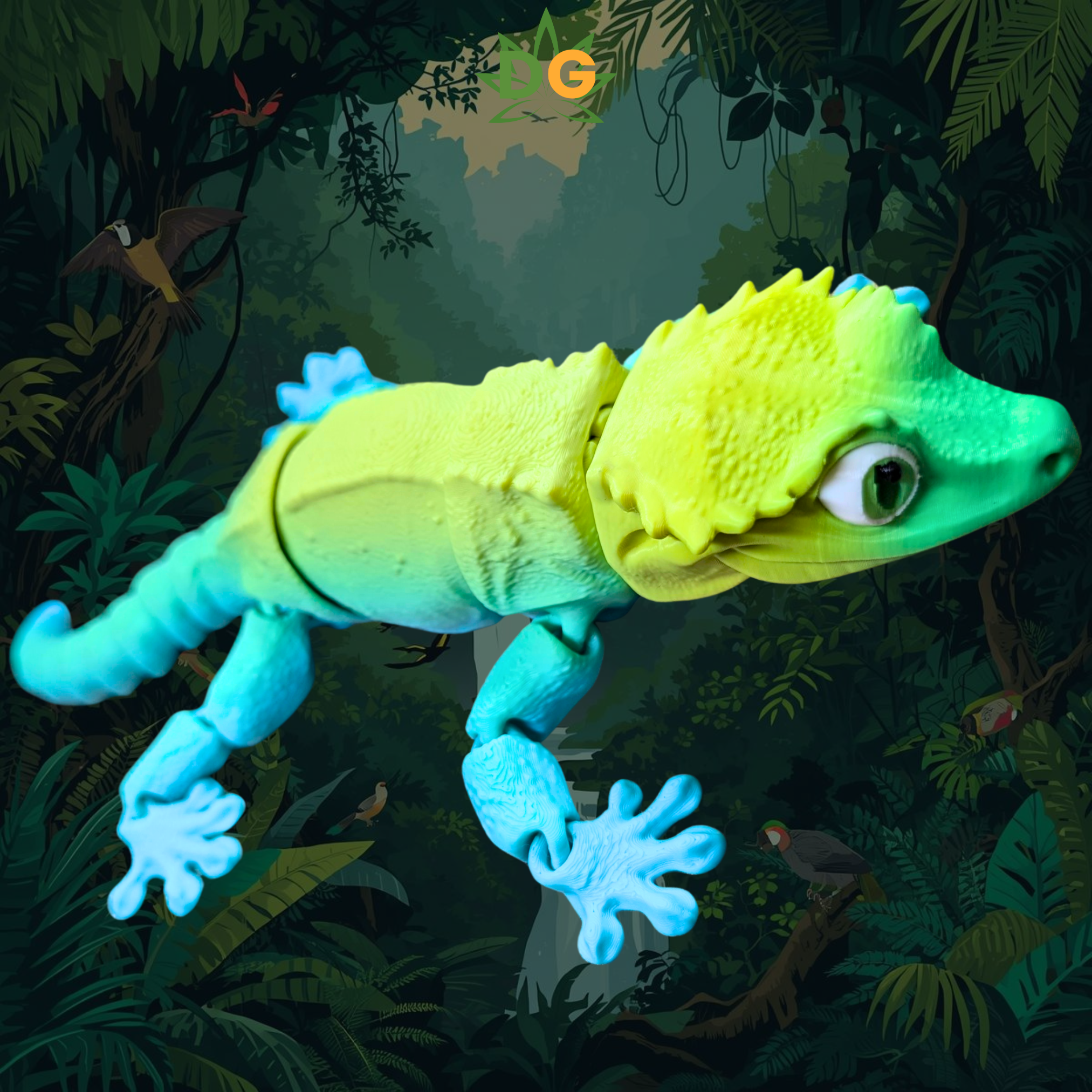Crested Gecko Flexi with tri colors of green, yellow and blue on an amazon jungle background