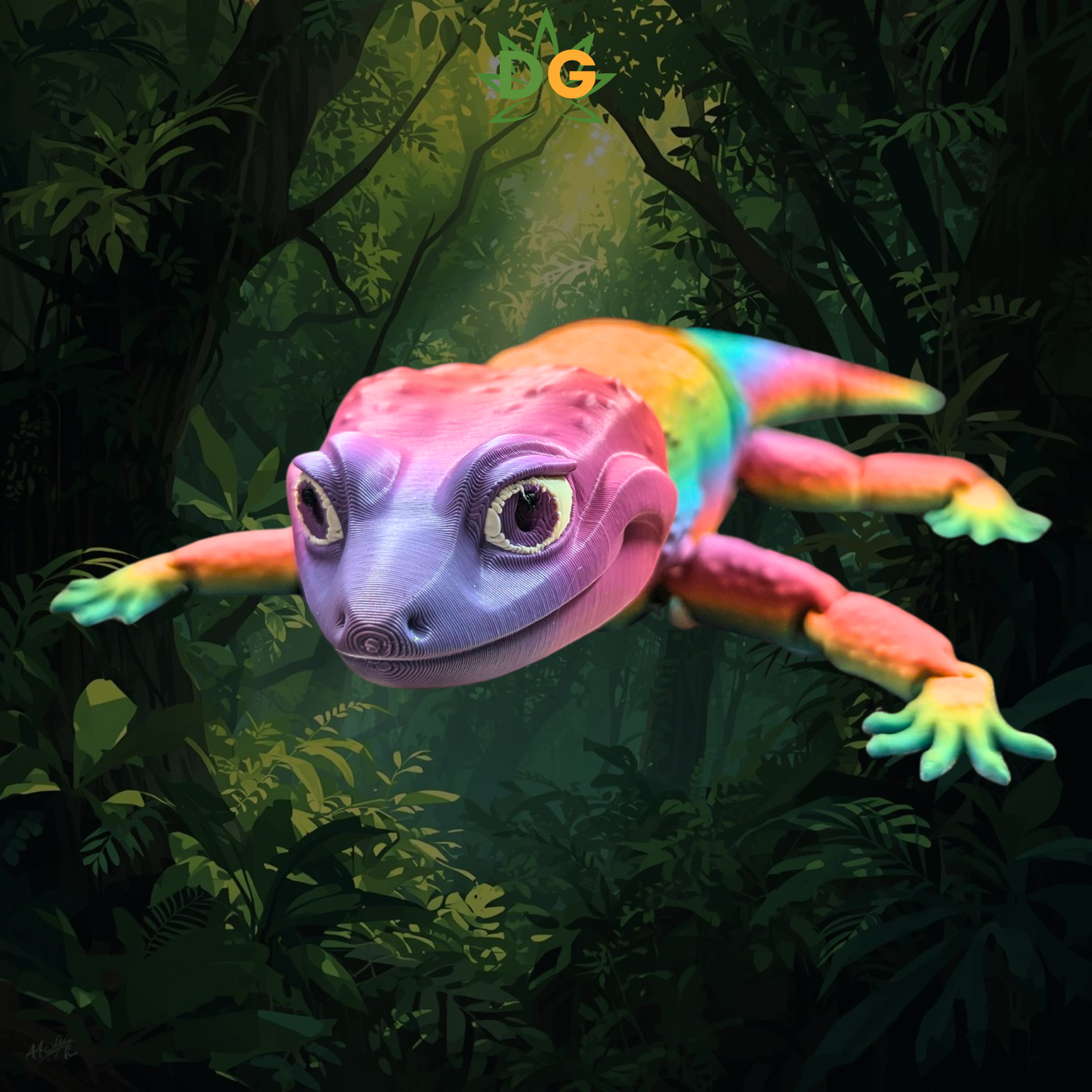 Rainbow Gecko Flexi with a forest in the background