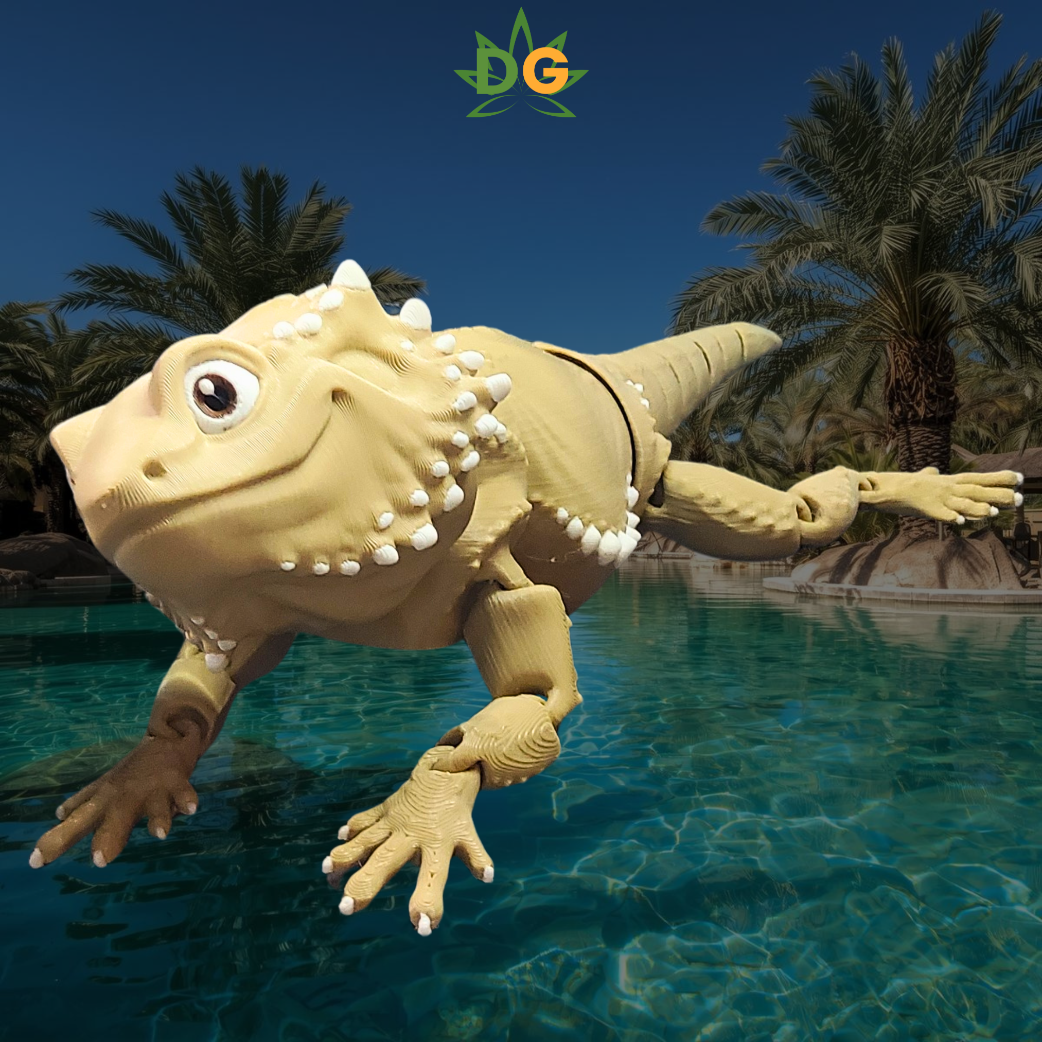 Desert Tan Bearded Dragon Flexi with a clear pool and palm trees behind him