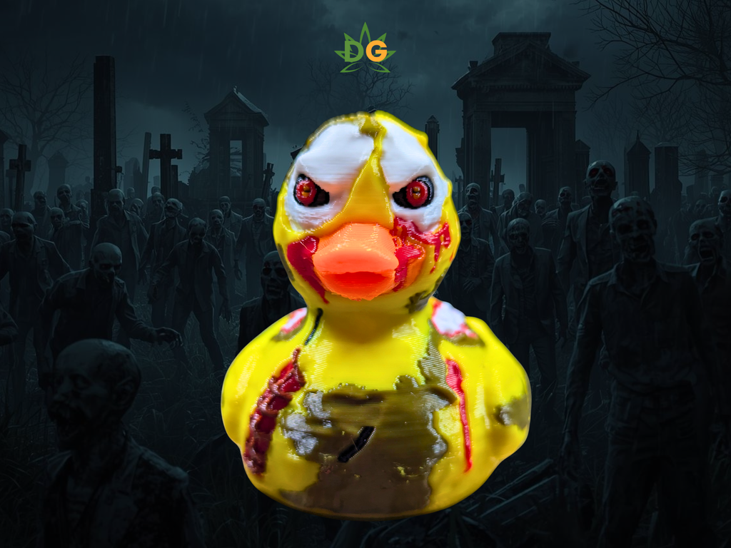 Yellow rubber duck with a zombie-like appearance in a dark, eerie setting with zombies.