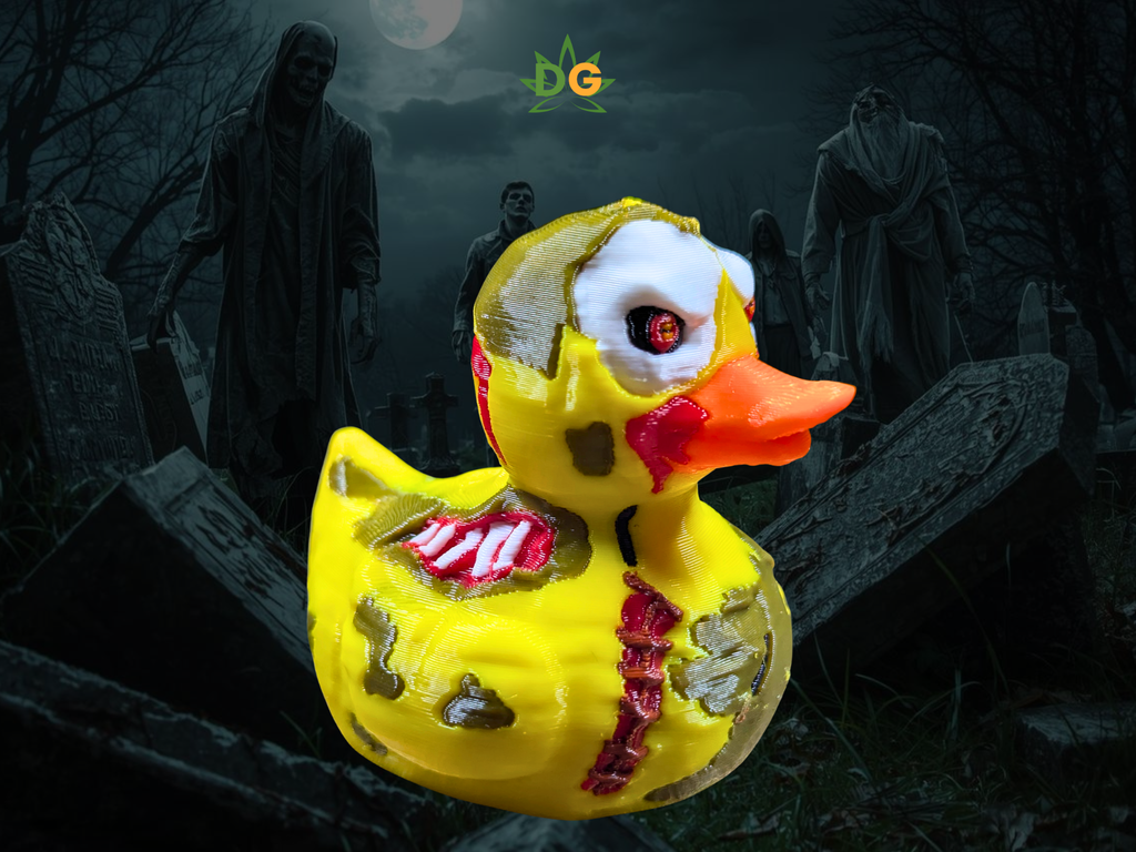 Horror-themed rubber duck with a dark, eerie background featuring silhouettes of people.