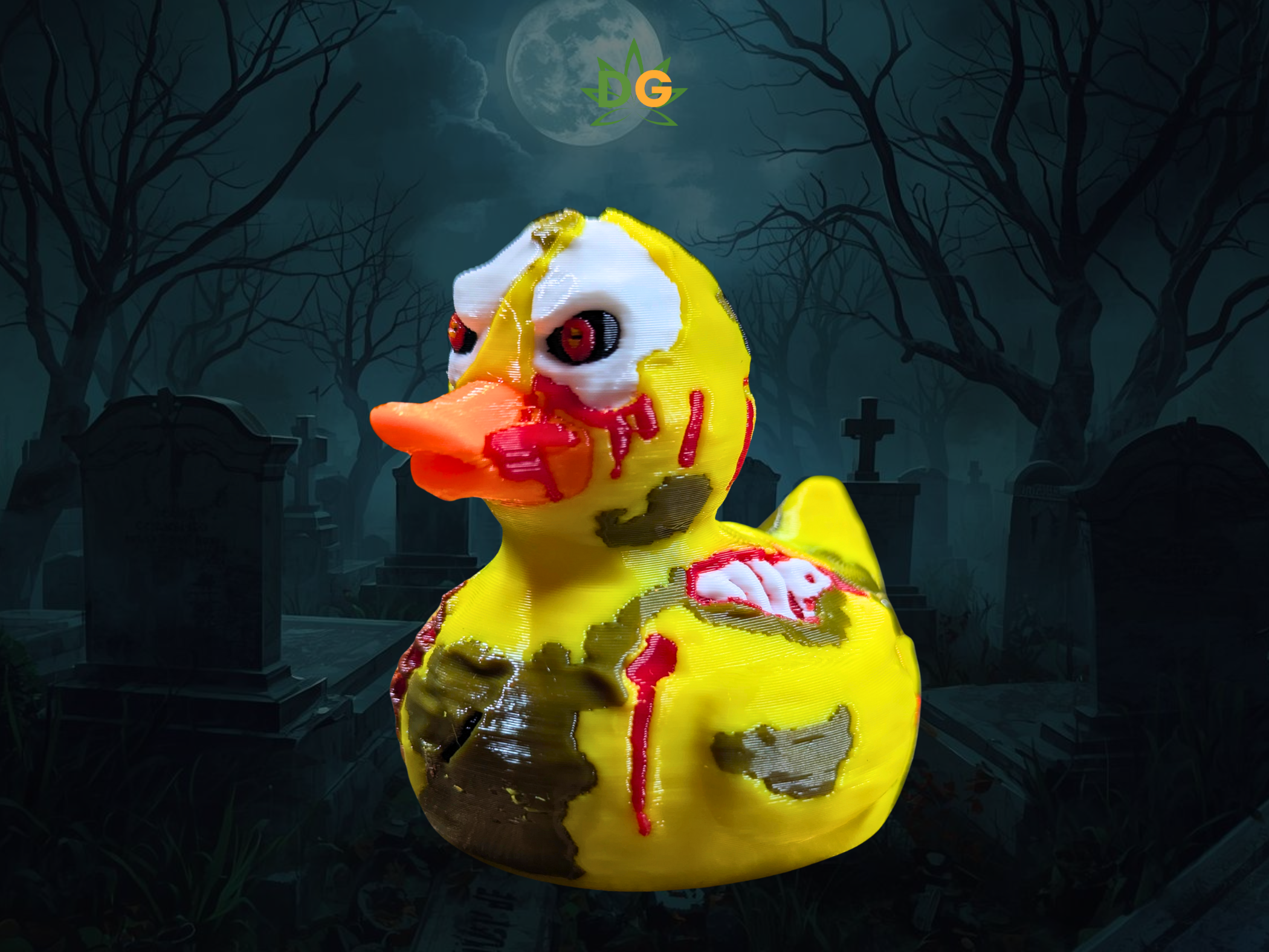 Horror-themed rubber duck with a zombie appearance in a dark, eerie background