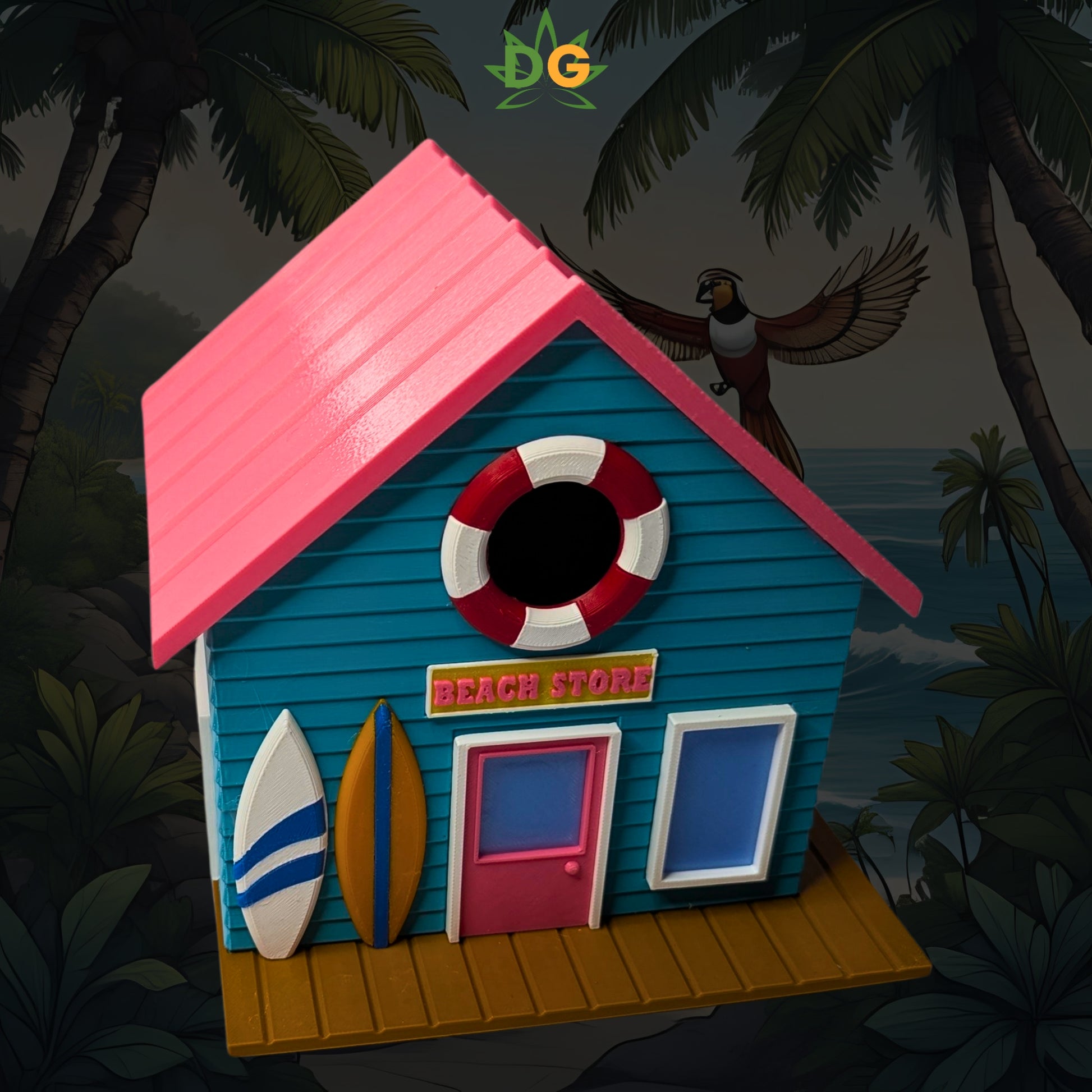 Miniature Surf Shop Birdhouse with Surfboards, Unique Beach Decor, Cottage Garden Art, Fun Gift for Sunbathers & Bird Lovers