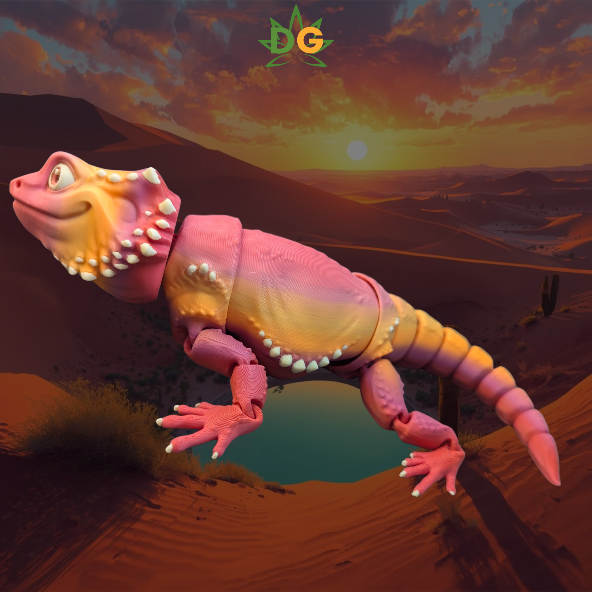 Colorful Sunkissed Peach Bearded Dragon Flexi in a desert-like landscape