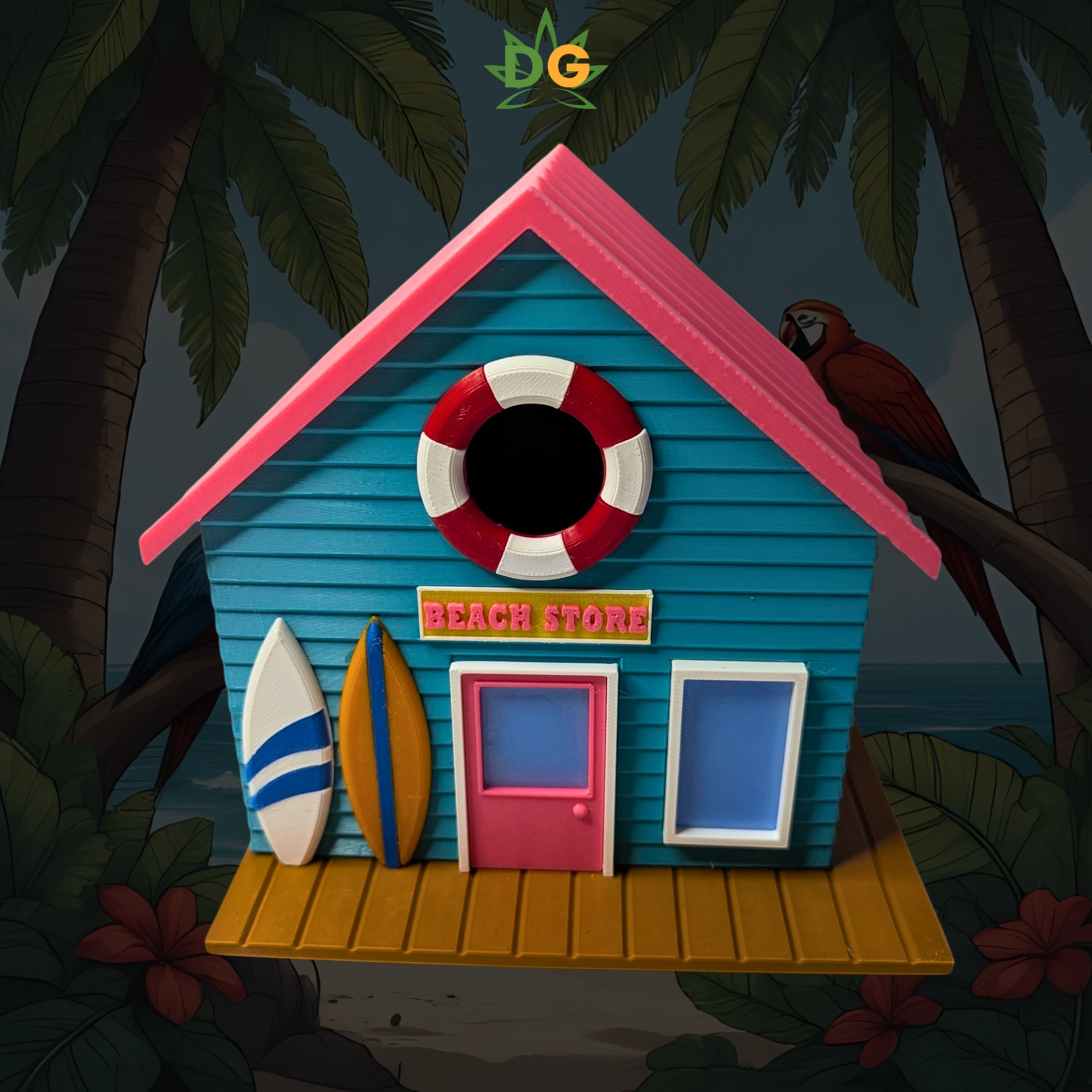 Miniature Surf Shop Birdhouse with Surfboards, Unique Beach Decor, Cottage Garden Art, Fun Gift for Sunbathers & Bird Lovers