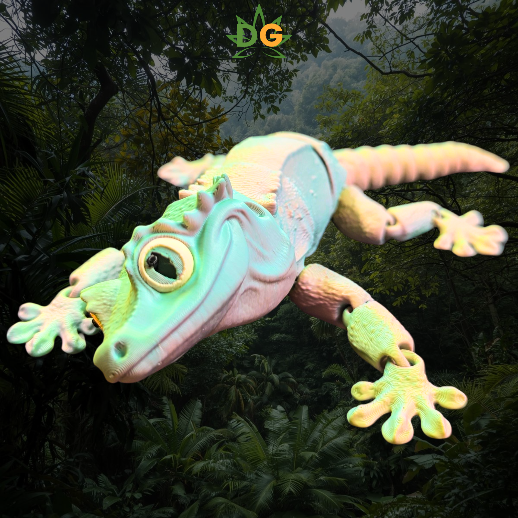 Crested Gecko Flexi with tri colors of green, yellow and pink on an amazon jungle background