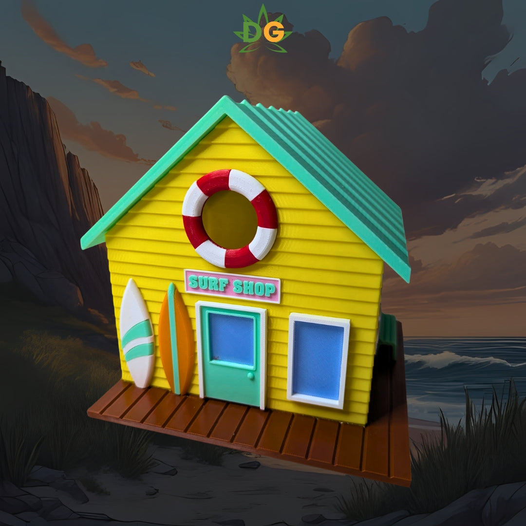 Miniature Surf Shop Birdhouse with Surfboards, Unique Beach Decor, Cottage Garden Art, Fun Gift for Sunbathers & Bird Lovers