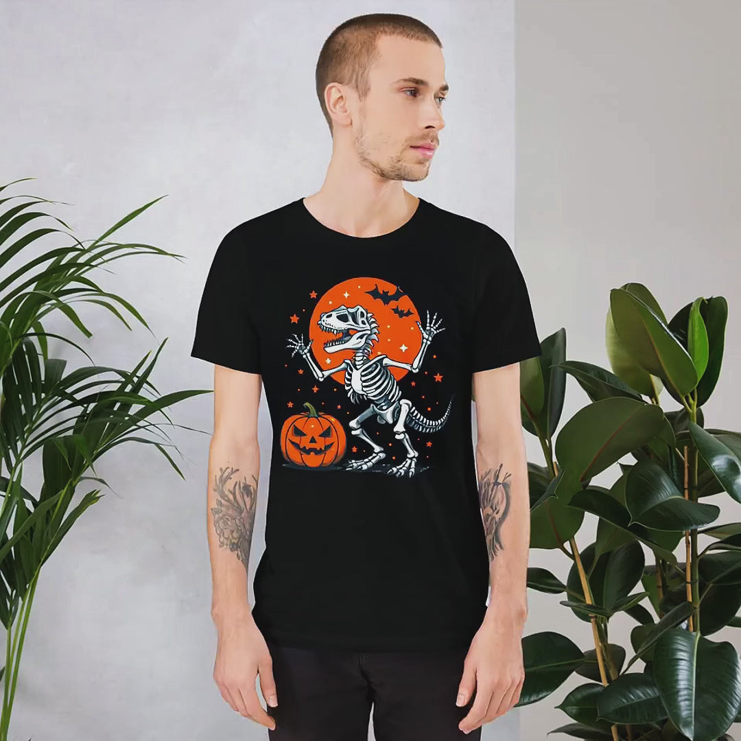 Dino Skeleton Halloween T-Shirt | Spooky Dinosaur with Pumpkin | Funny Dino Fossil Tee