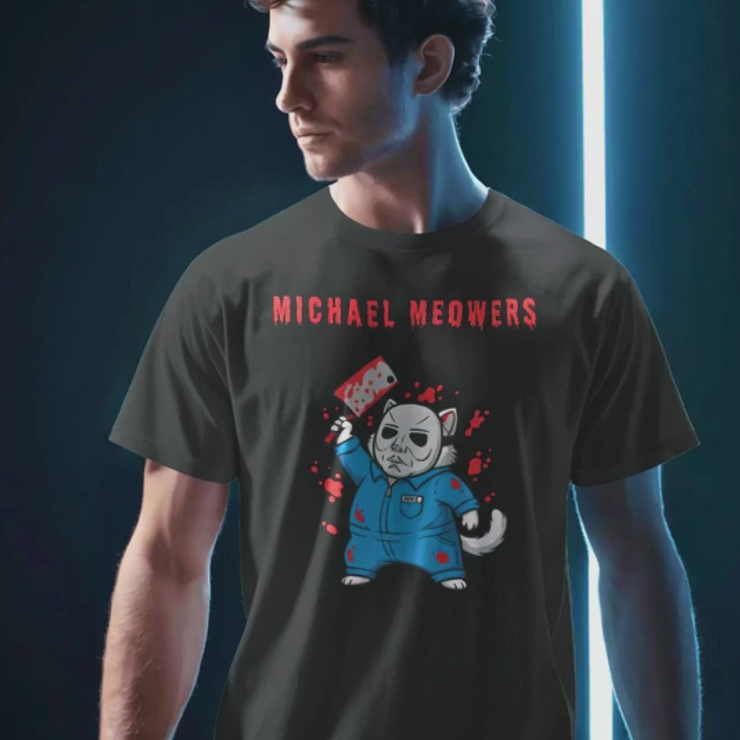 Michael Meowers Halloween Cat Tee - Spooky Cute Michael Myers Parody T-Shirt for Horror Fans