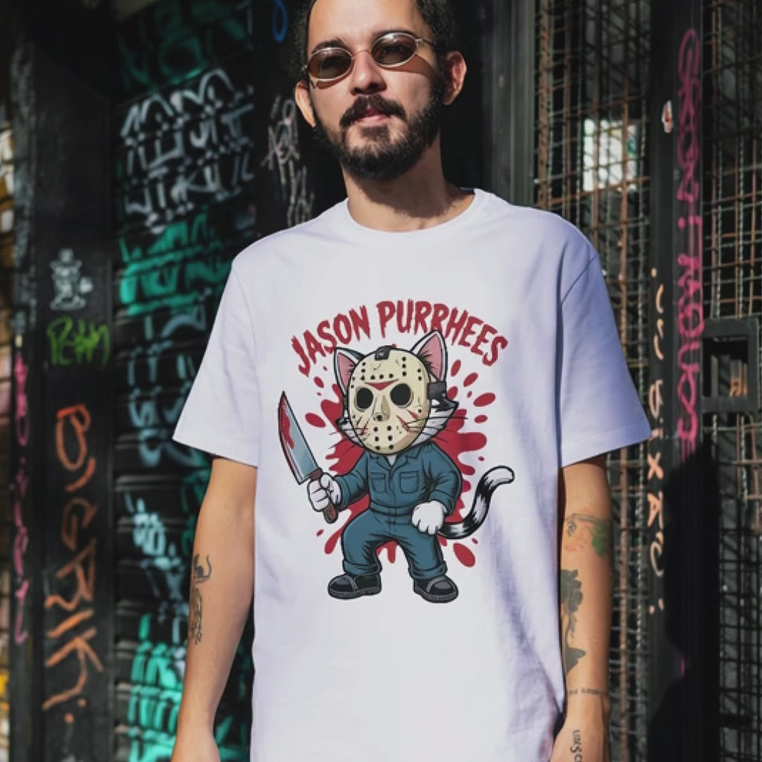 Jason Purrhees Halloween Cat Tee - Adorable Jason Voorhees Parody T-Shirt for Horror Movie Fans and Cat Lovers