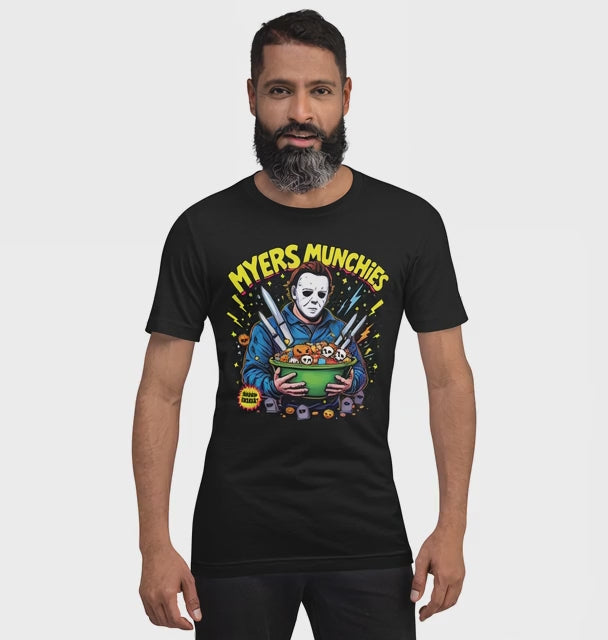 Myers Munchies Halloween Horror T-Shirt: Michael's Killer Candy Bowl - A Spooky & Funny Slasher Fan Must-Have!
