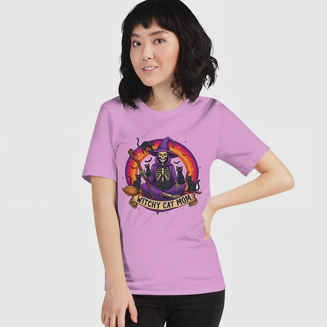 Gothic Cat Mom Gift: Skeleton Witch with Cats & Broomstick Tee | Spooky Gift Idea | Gothic Vibe | Halloween Apparel