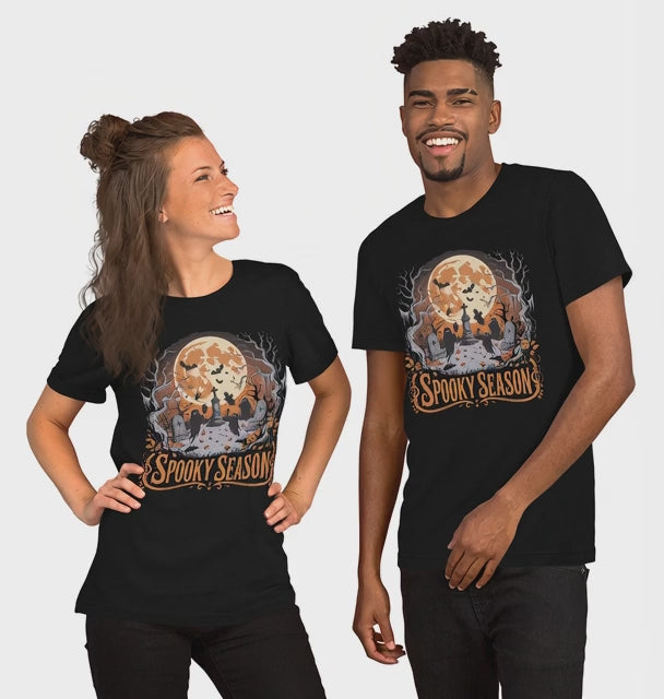 Vintage Graveyard Ghosts Tee, Spooky Season Halloween Shirt with Bats and Full Moon for a Hauntingly Good Time!