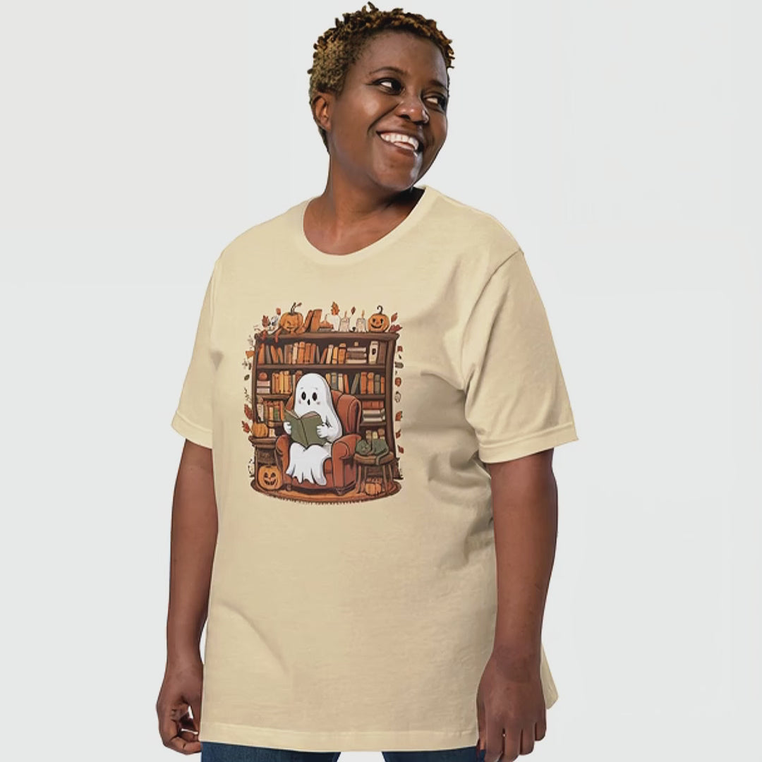 Cozy Ghost Reading T-Shirt: Halloween Book Lover & Cat Graphic Tee | Teacher Vibes | Libiran Fit | Cozy | Bookish | Spooky