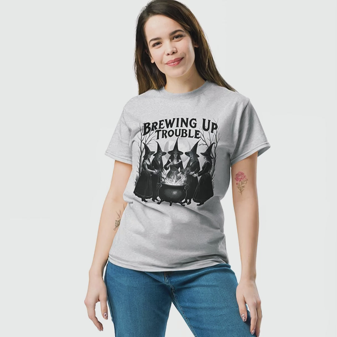 Brewing Up Trouble T-Shirt | Witches at Cauldron | Halloween Sisters Shirt | Spooky Season