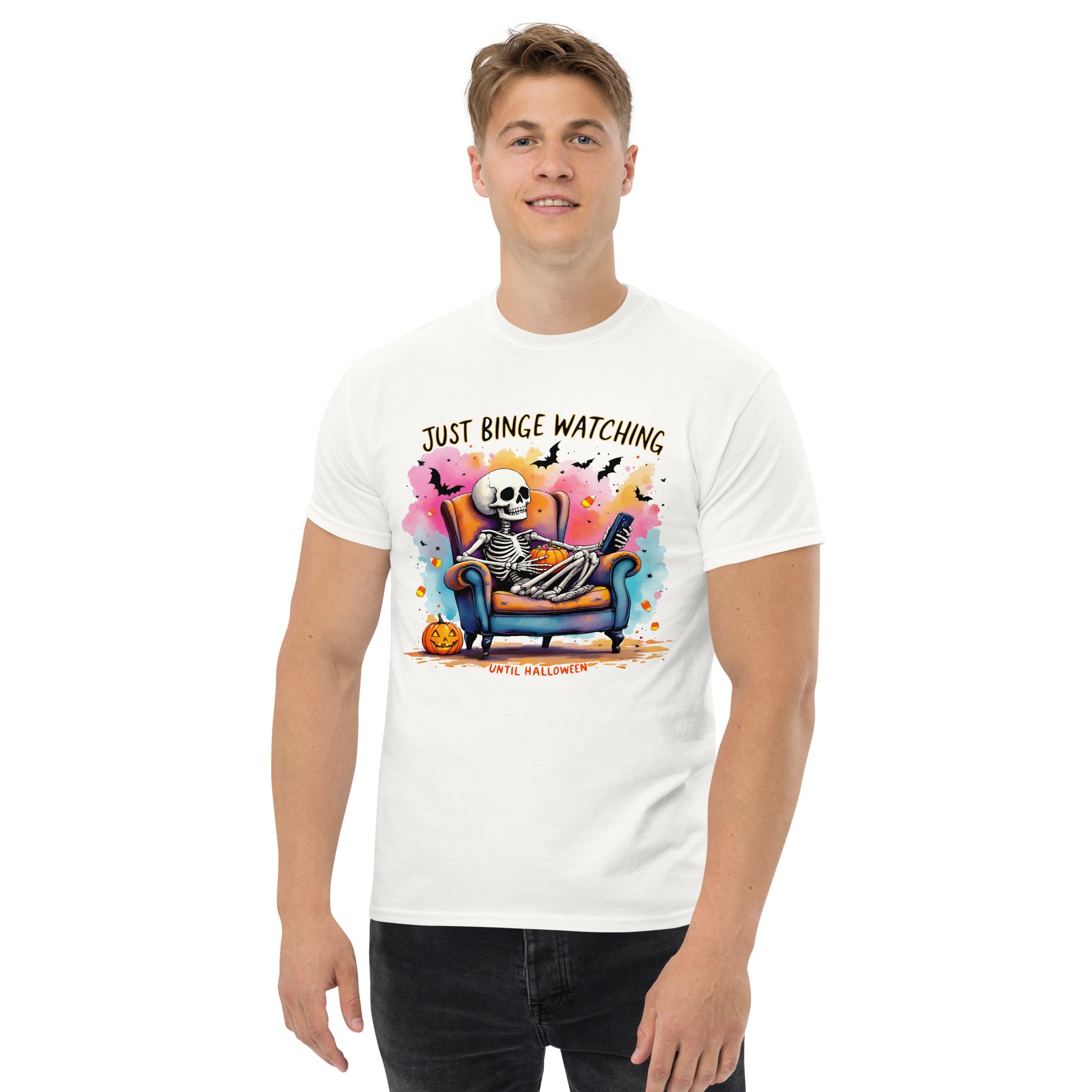 Halloween Binge Watching Skeleton T-Shirt: Spooky Season Lover Tee | Great Gift Idea, Netflix watchers, Tv Show Enthusiast apparel