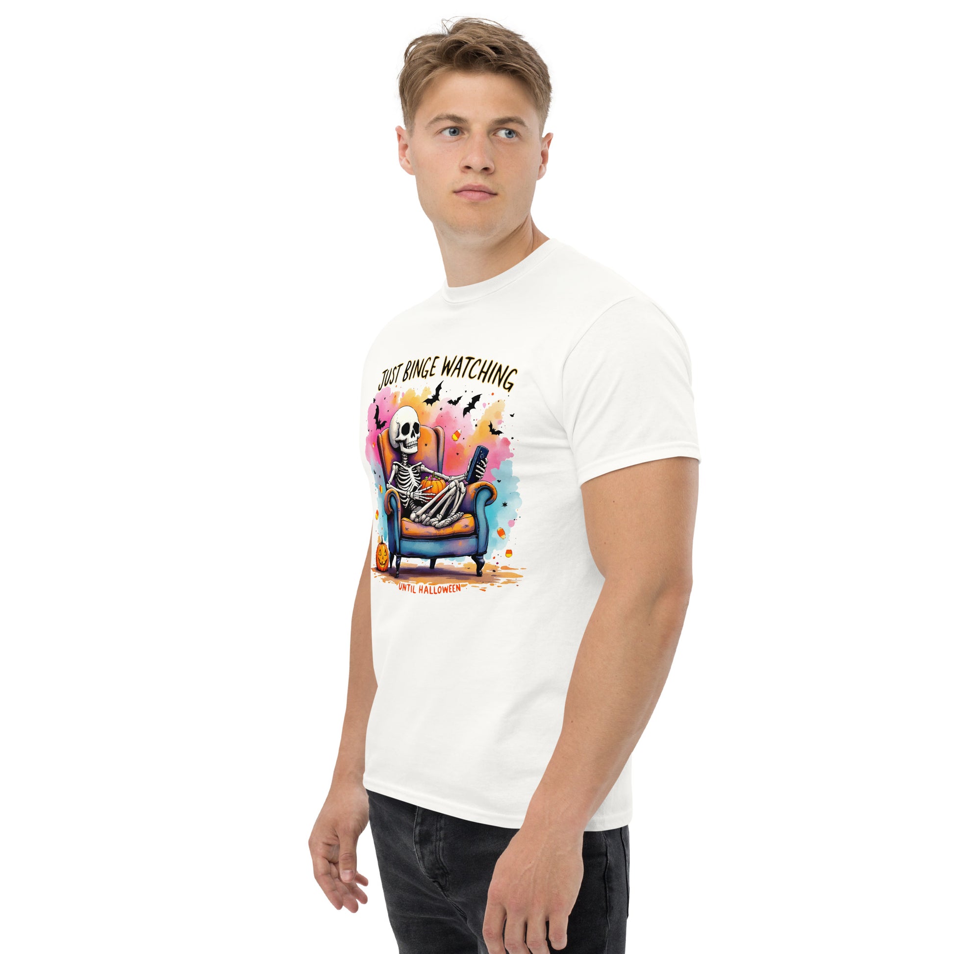 Halloween Binge Watching Skeleton T-Shirt: Spooky Season Lover Tee | Great Gift Idea, Netflix watchers, Tv Show Enthusiast apparel