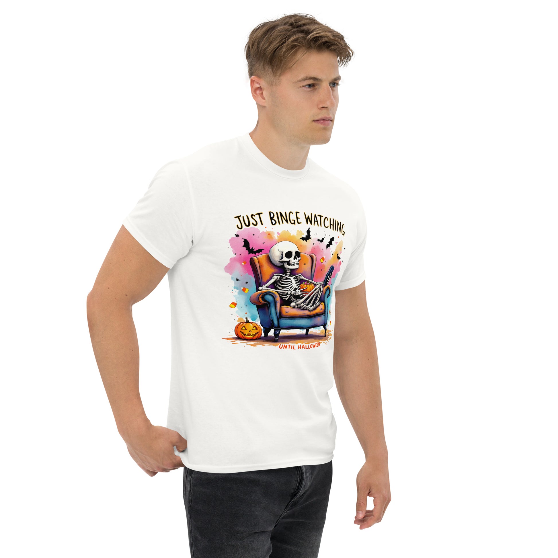 Halloween Binge Watching Skeleton T-Shirt: Spooky Season Lover Tee | Great Gift Idea, Netflix watchers, Tv Show Enthusiast apparel